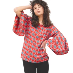 Blusa Boho Estampada Retro con Mangas Acampanadas | Estilo Hippie y Étnico en Rayón Suave