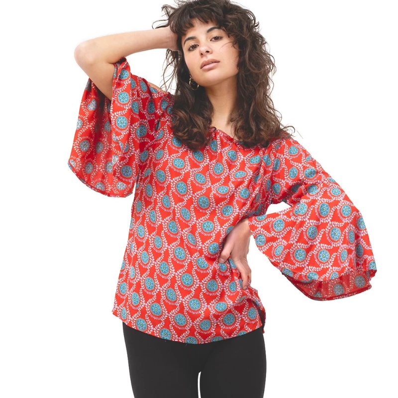 Blusa Boho Estampada Retro con Mangas Acampanadas | Estilo Hippie y Étnico en Rayón Suave
