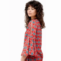 Blusa Boho Estampada Retro con Mangas Acampanadas | Estilo Hippie y Étnico en Rayón Suave