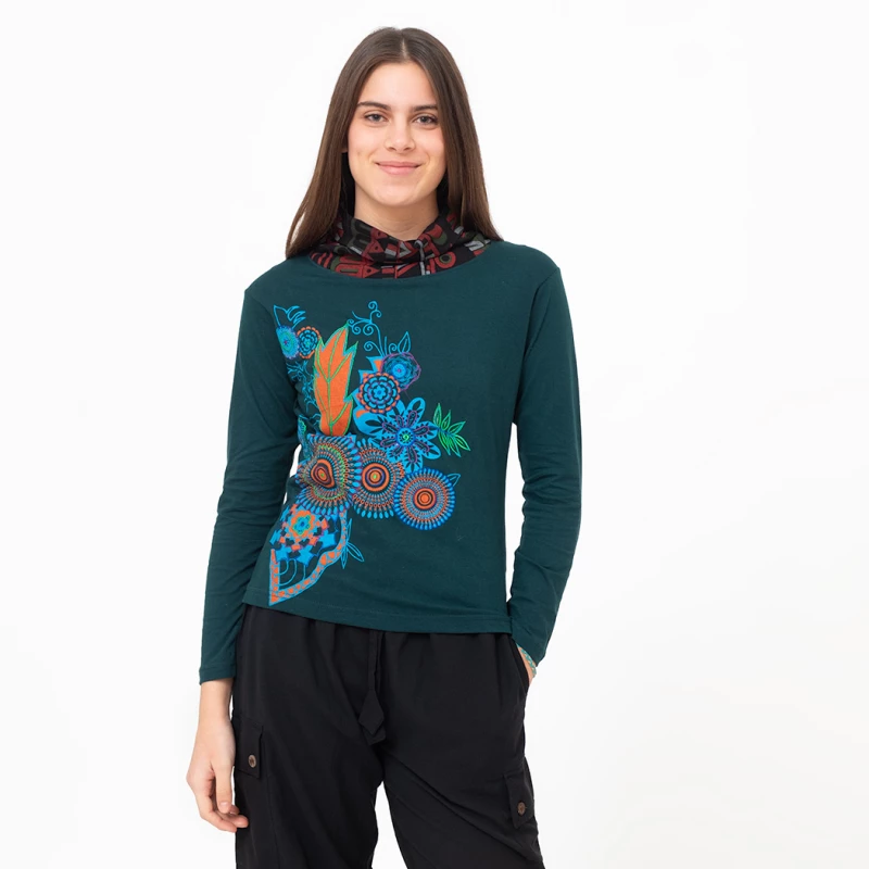 Camiseta Boho de Algodón con Estampado Manual Étnico — Manga Larga y Cuello Vuelto