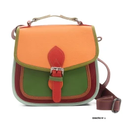 Bolso de piel tipo maletín multicolor artesanal con asa bandolera BG441