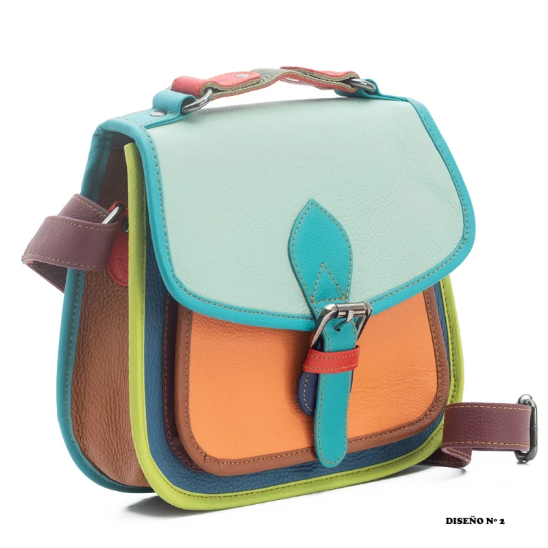 Bolso de piel tipo maletín multicolor artesanal con asa bandolera BG441