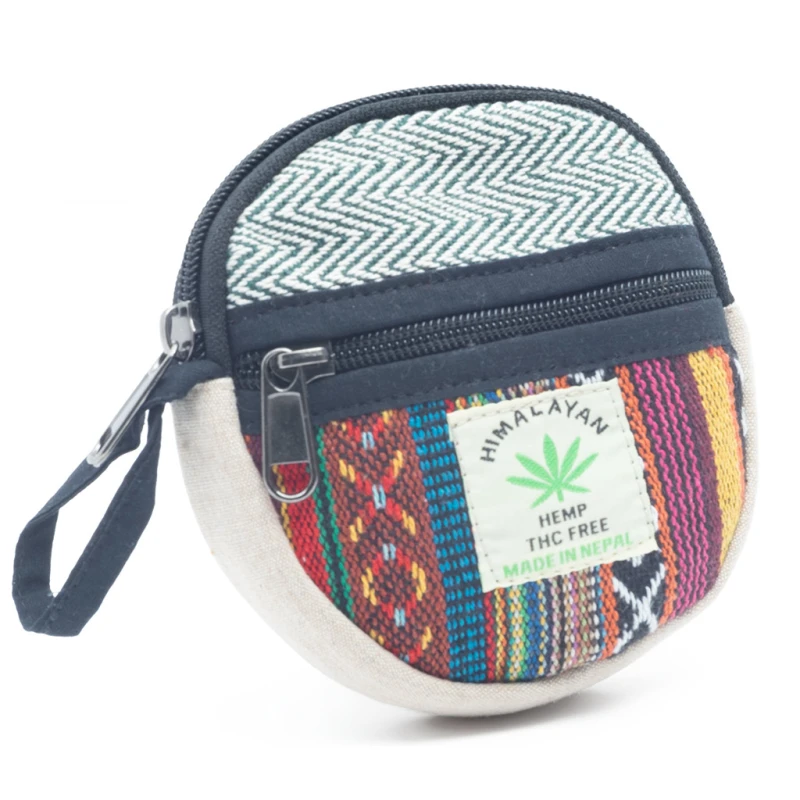 Monedero redondo de cáñamo natural con cierre de cremallera
