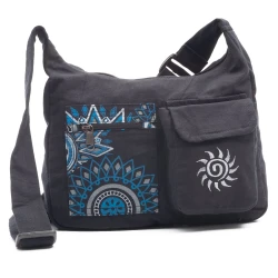Bolso pequeño negro de algodón con bordado de sol y estampado étnico