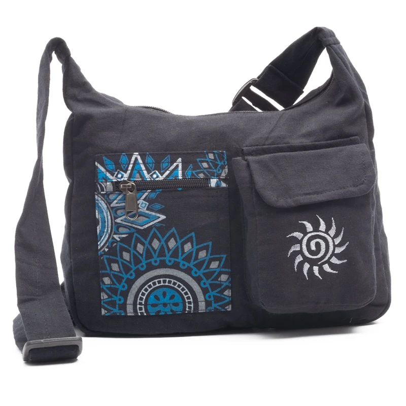 Bolso pequeño negro de algodón con bordado de sol y estampado étnico