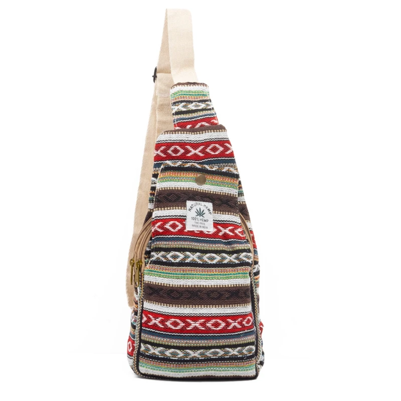 Riñonera cruzada de cáñamo con rayas hippie y múltiples bolsillos