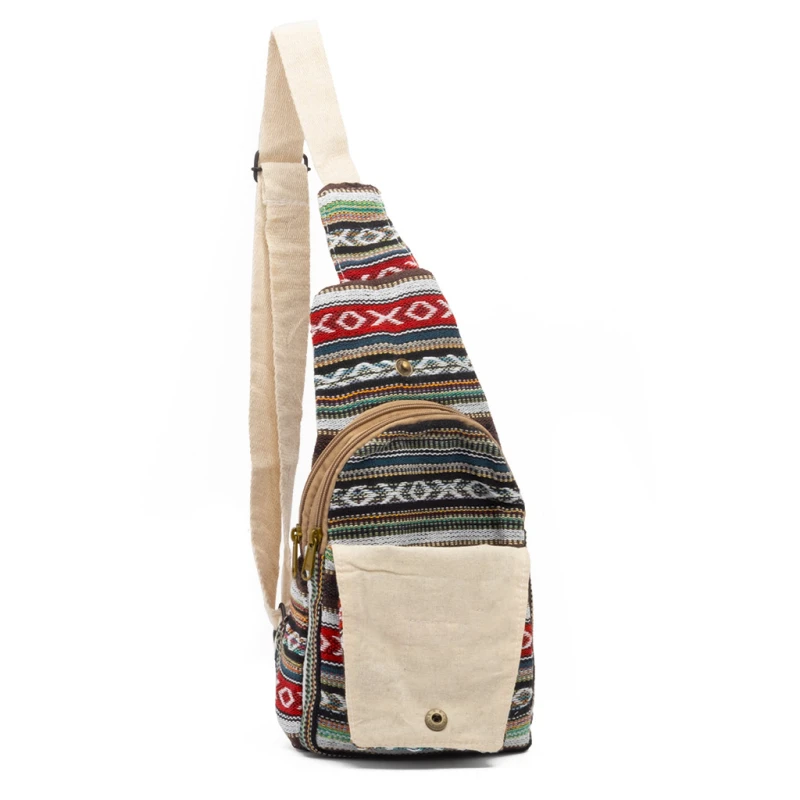 Riñonera cruzada de cáñamo con rayas hippie y múltiples bolsillos