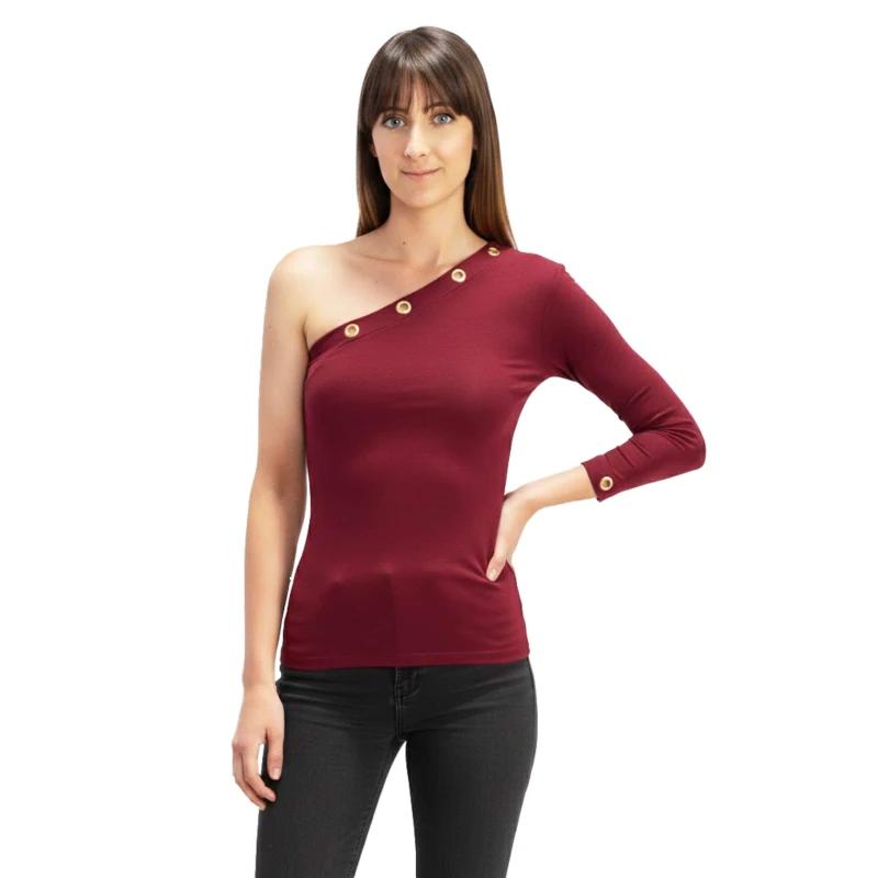 Top asimétrico mujer granate de un hombro con botones decorativos y manga larga, vista frontal Top asimétrico mujer granate de un hombro con botones decorativos y manga larga, vista frontal